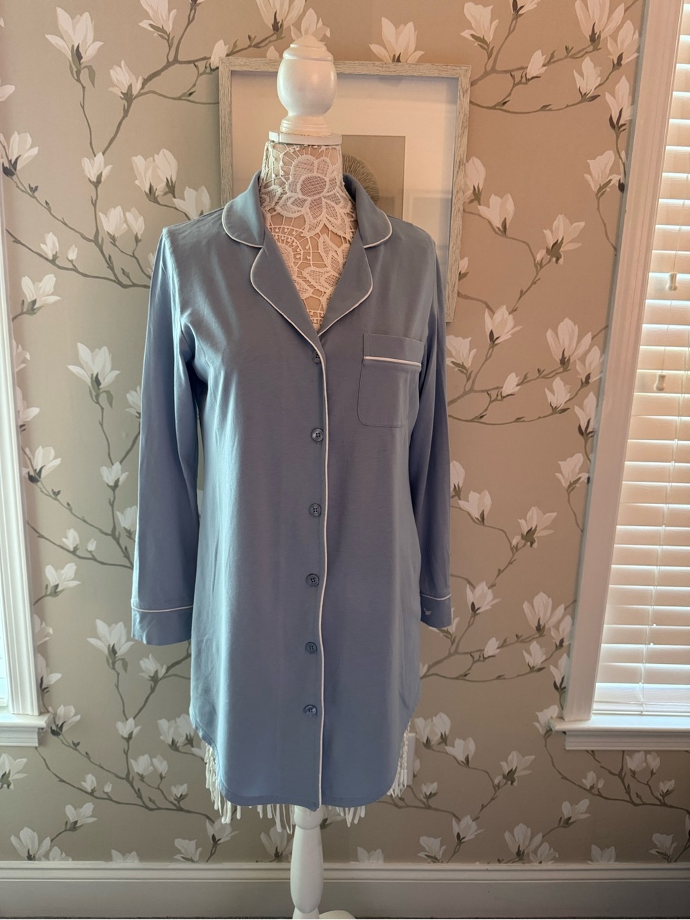 Women's PETITE PLUM! Pima cotton Long-Sleeve Button-Front Sleep Dress in Blue